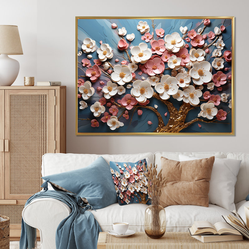 Orchidée rose et or jardin de branches I - art mural arbre, Cadre flottant doré, H 34 po x l 44 po x P 1,5 po