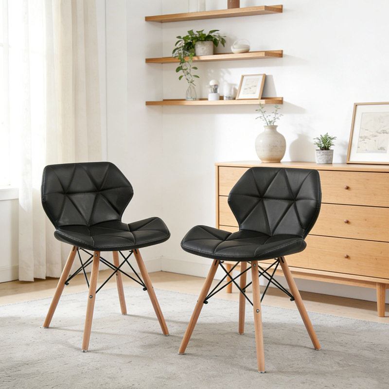 Chaise de salle à manger rembourrée moderne avec dossier, rembourrage en éponge à haute résilience et surface en cuir Pu avec pieds en bois massif pour plusieurs espaces, ensemble de 2 (noir)