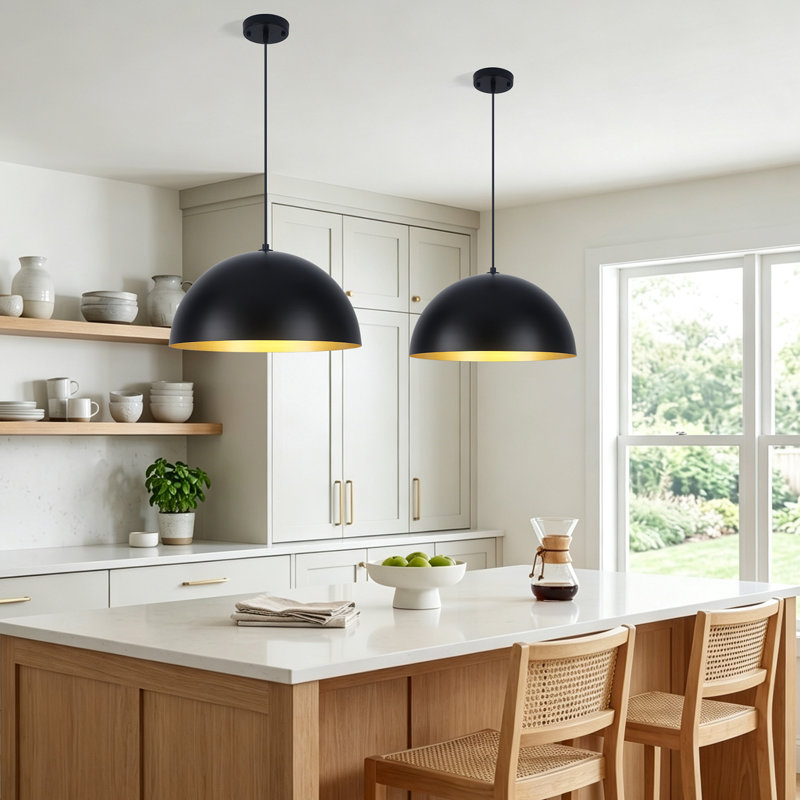 15.75" Adjustable Black Dome Pendant Light, Matte Black