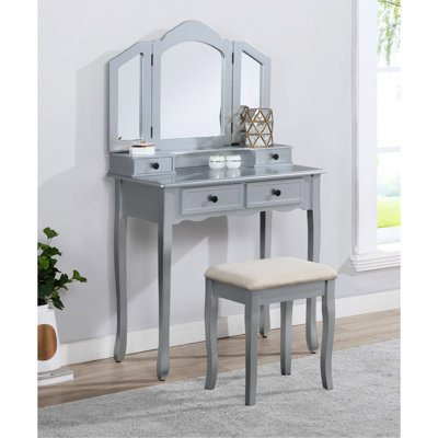 Coiffeuse argentée avec bureau de maquillage et tabouret - grand miroir biseauté
