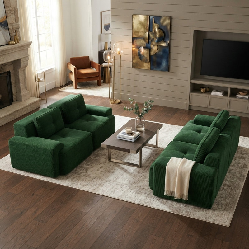 Ensemble de canapé de salon 2 pièces en velours côtelé avec 4 sièges capitonnés sans assemblage, vert émeraude, Vert émeraude