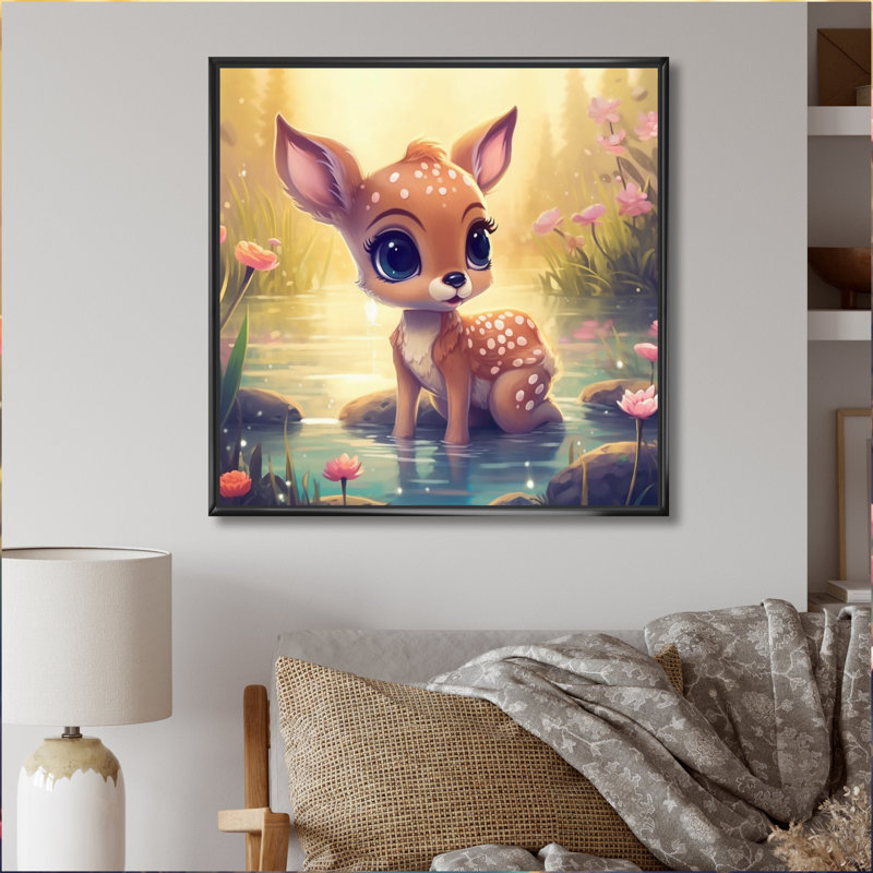 Mignon bébé cerf I - impression, H 24 po x l 24 po x P 1 po, Cadre flottant noir