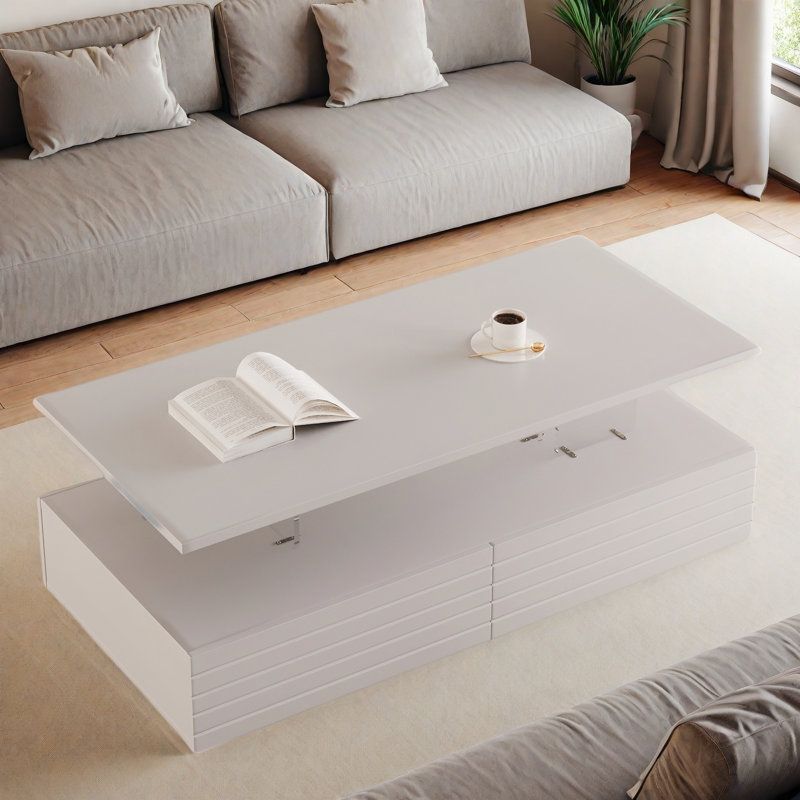 Modern Rectangular Coffee Table With Led Lights, 2 Drawers And Open Storage Shelf, White