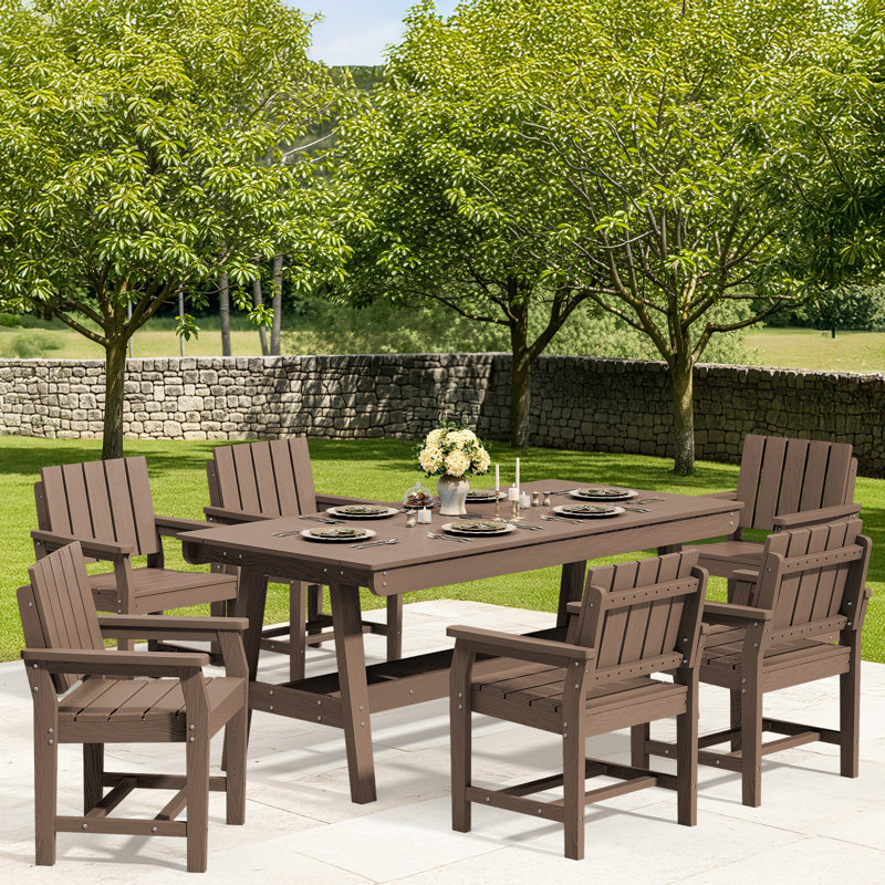 HDPE Outdoor Dining Set, 7-Piece Patio Table With Umbrella Hole And Armchairs – Weather-Resistant, Brown
