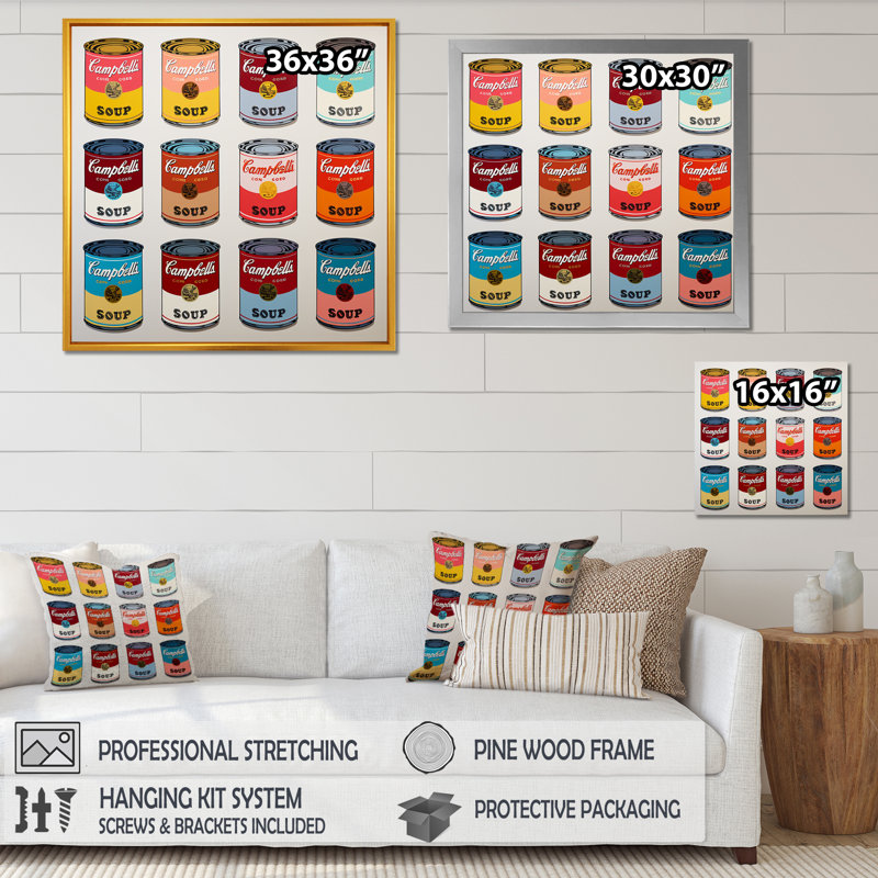 Pop Art Soup Collage III - Art mural lait, H 16 po x l 16 po x P 1 po, Cadre doré simple