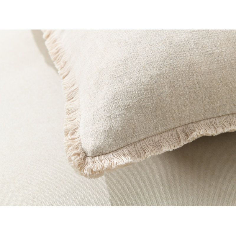 Cozy Soft Washed Linen Textured Boho Farmhouse Pillow Cover With Tassels Edge, Square 18", Natural Linen