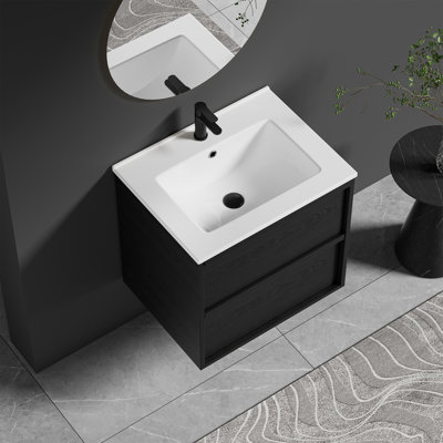 Meuble-lavabo mural Mid-Century moderne avec tiroirs à fermeture en douceur et lavabo en céramique