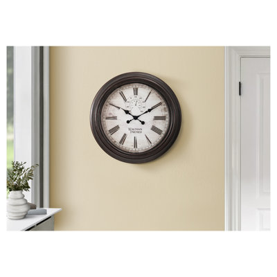20" Round Transitional Wall Clock with Vintage Metal Hands, Brown Rubbed Finish