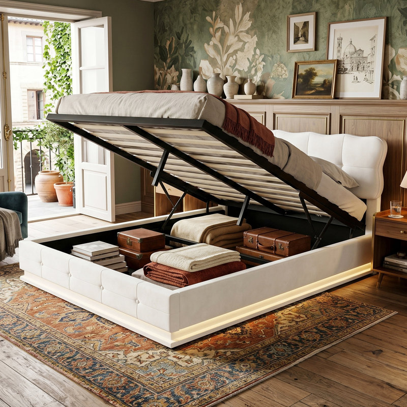 EU Double & King Velvet Ottoman Bed with Under-Bed LED, Cloud Tufted Headboard, Beige, 140/160 x 200cm