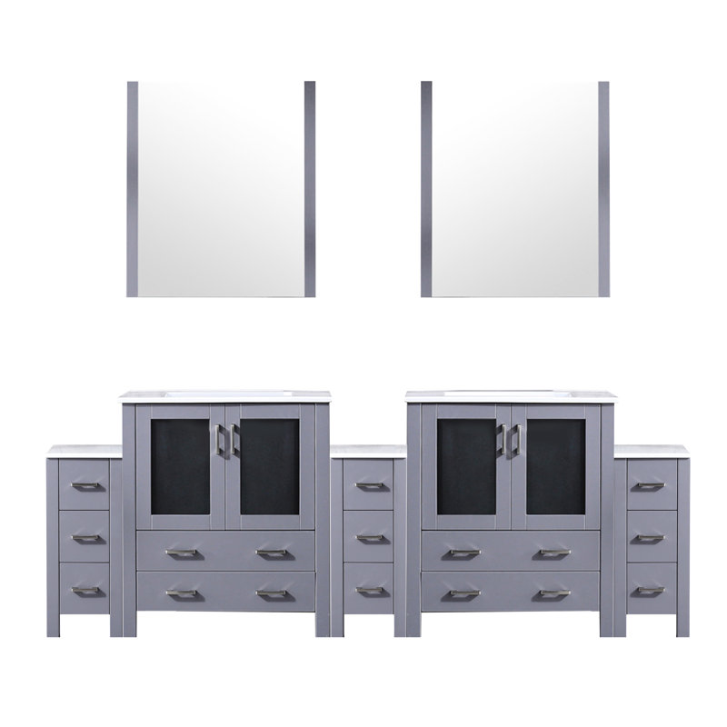Gris foncé 96 po W Double meuble-lavabo avec comptoir en céramique blanche, 28 miroirs, fermeture en douceur et construction robuste nécessitant peu d'entretien
