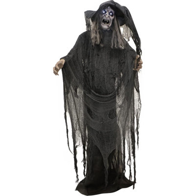 Life-Size Animatronic Scary Talking Witch with Touch Activated Lights and Sound, Indoor or Covered Outdoor Creepy Halloween Decorations for Home or Haunted House, Battery Operated