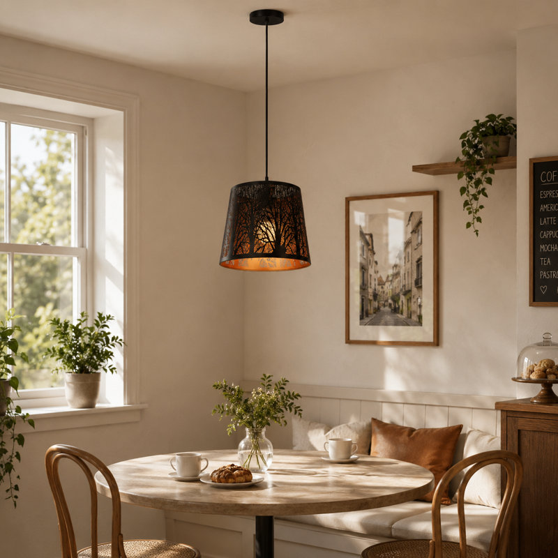 1 - Light 10" Rustic Modern Dimmable Drum Chandelier with Openwork Forest Silhouette Shade