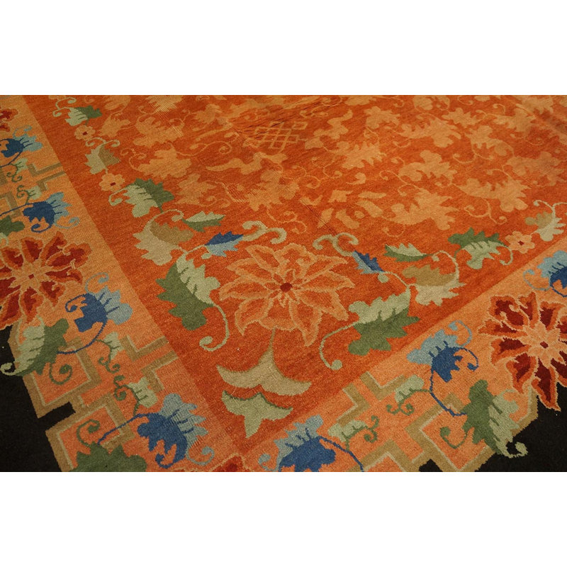 Antique Art Deco Room Size Wool Black Salmon Chinese Rug