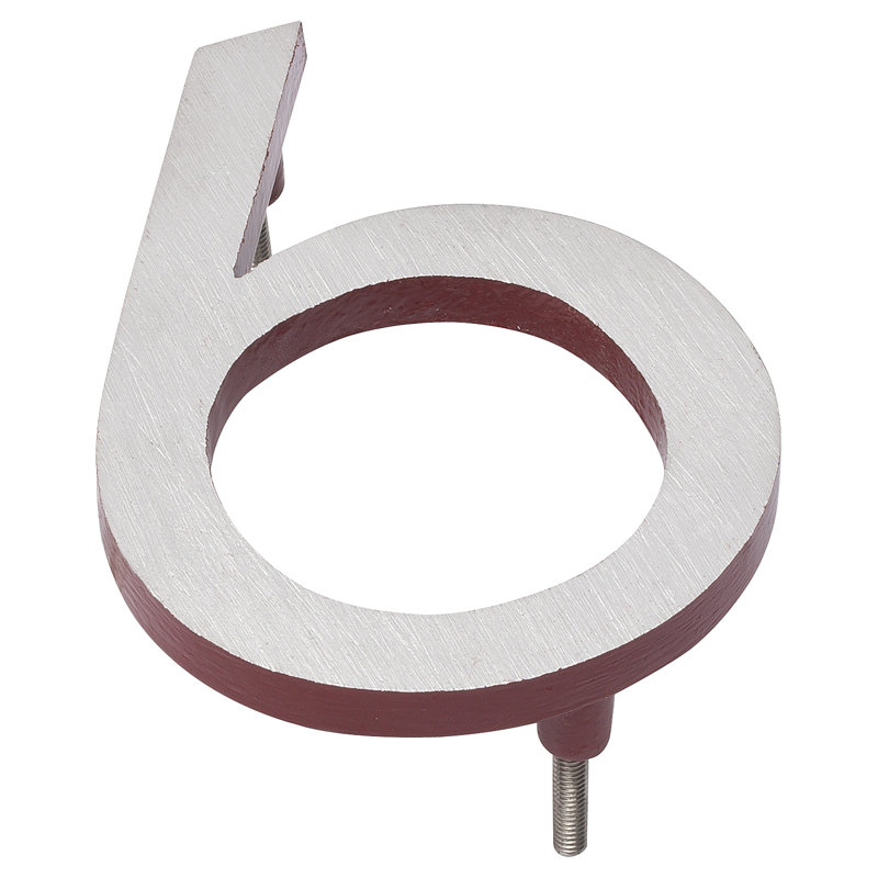 Numéro de maison à fixation flottante 6 po, 6, Nickel satiné / rouge brique