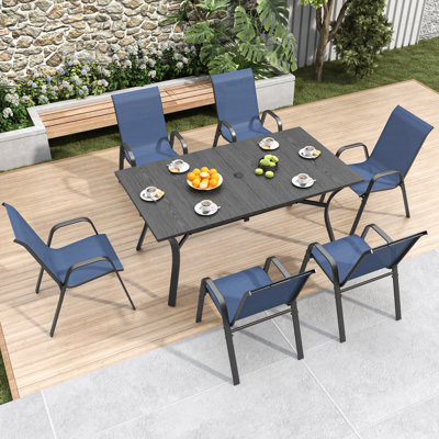 Ensemble de salle à manger d'extérieur 7 pièces avec table rectangulaire en métal à grain de bois et 6 chaises ergonomiques, conception imperméable et antirouille