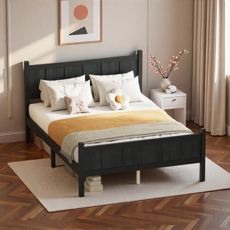 Lit plateforme moderne avec tête de lit et pieds robustes, Noir, Lit double
