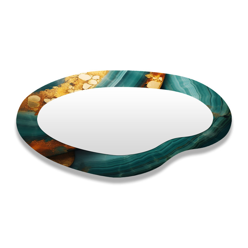 Agate Indigo Gold Waves - Grand miroir mural asymétrique moderne en marbre abstrait