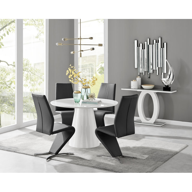 Edzard Statement Pedestal Round Dining Table Set & 4 Luxury Faux Leather Dining Chairs, Black, White