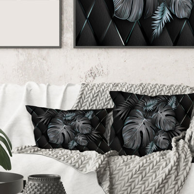 Carré, feuilles tropicales noires et dorées I - Coussin décoratif imprimé moderne