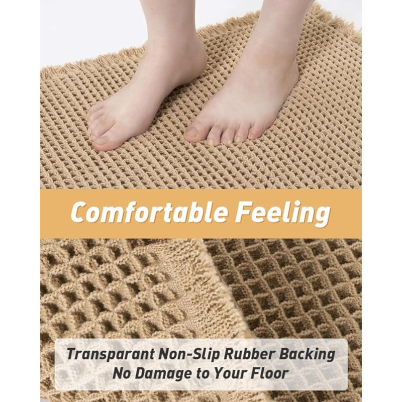 Upgraded Waffle Bath Mat, Super Absorbent Non Slip Bath Mats For Bathroom Floor, Machine Washable Bathroom Rugs With Tassels, Rubber Backed Bathroom Mats, Ultra Soft, 17" X 24"