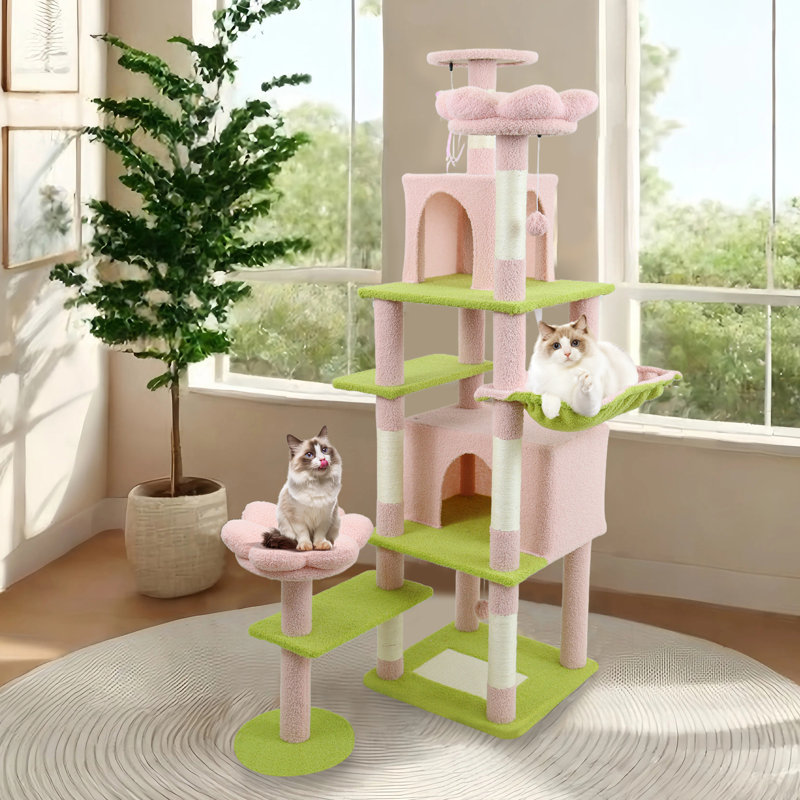 Arbre à chat 71 pouces avec grand coussin de fleurs amovible et hamac