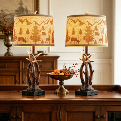 Farmhouse Deer Antler Table Lamps Set Of 2, Rustic Nightstand Lamps With USB A+C Ports & Outlet, Western Cabin Bedroom Living Room Decor With Deer Print Linen Shade