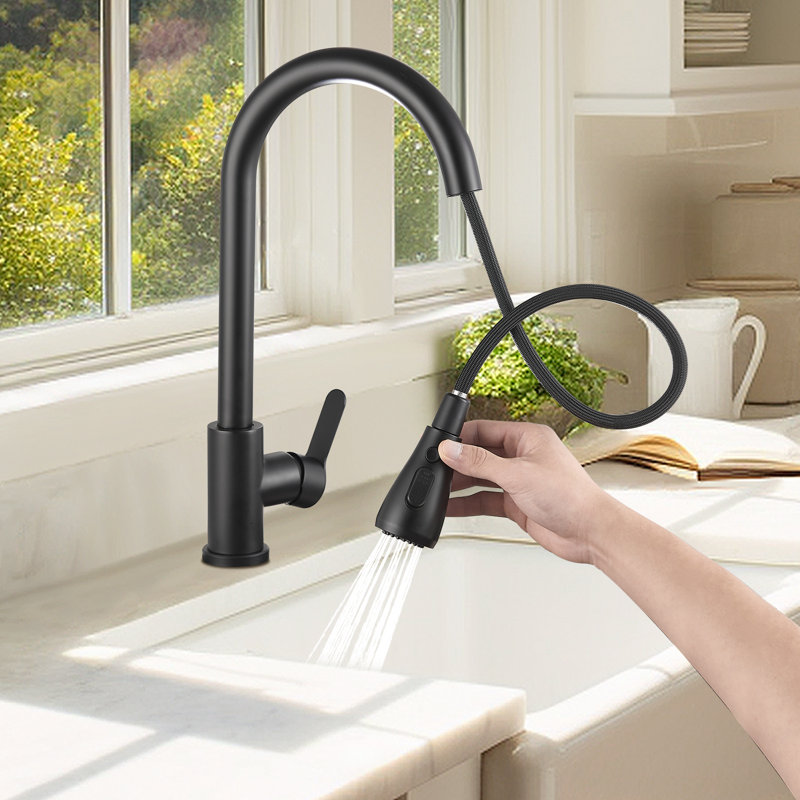 Robinet de cuisine rétractable à poignée simple avec plaque de pont, Noir mat