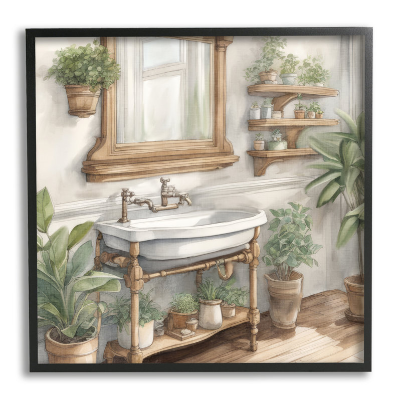 «Bathroom View with Plants» par Kim Allen, impression sur toile, Giclée encadrée noir minuit, H 17 po x l 17 po
