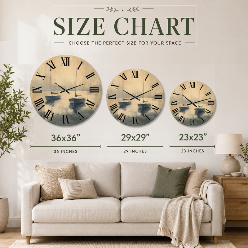 Horloge murale ronde en bois à motif nautique représentant deux voiliers mouillages, Medium