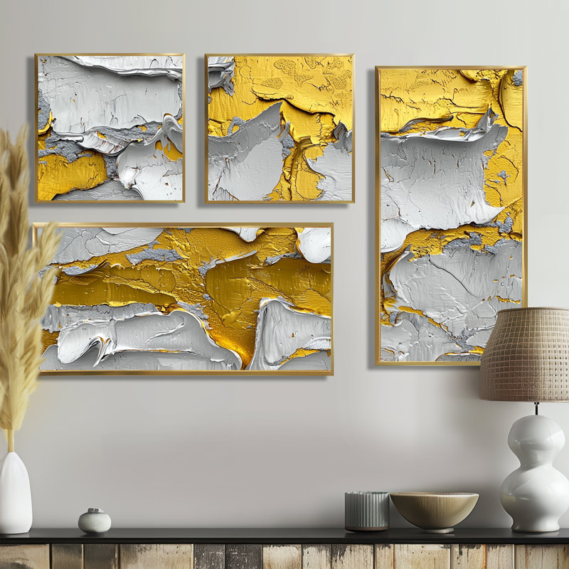 Jaune et gris abstrait Grove Harmony II - art mural abstrait grand 4 pièces, Impression encadrée sans passe-partout, Doré