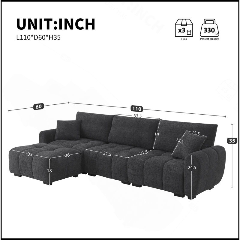 Canapé modulaire de 110 po en forme de L avec siège très grand, conception en ligne, repose-pieds mobile, mousse haute densité, combinaison libre, structure en métal et en bois robuste, tissu bouclé,