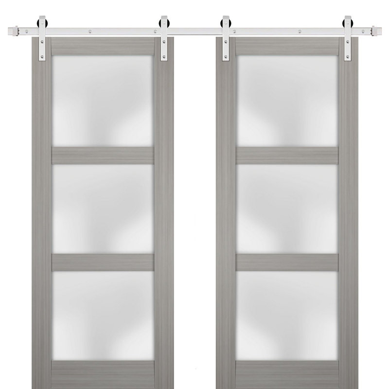 Portes de grange en verre givré Lucia avec quincaillerie d'installation, 48 po x 96 po, Bois de frêne gris, Acier inoxydable
