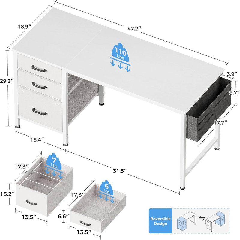 Small Computer Home Office Desk For Bedroom With Fabric Drawers & File Cabinet, Cloth Storage Bag And Hook, Writing Study Work Table For Small Space