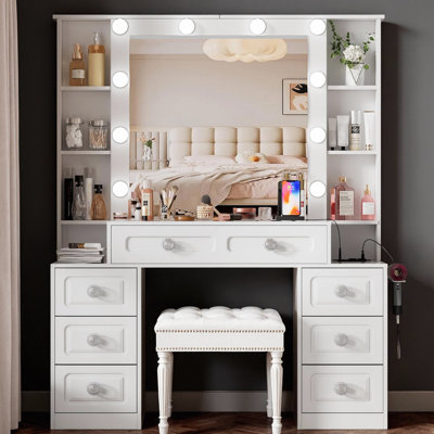 Farmhouse Makeup Vanity With Lighted Mirror & Charging Station, Vanity Desk Dresser Table With 3 Lighting Modes Brightness Adjustable,drawers,shelves,hair Dryer Stand For Bedroom,white