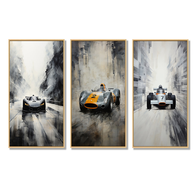 Gray Minimalist Race Car Traces I - ensemble de 3 impressions sur toile, Cadre flottant brun, H 32 po x l 48 po