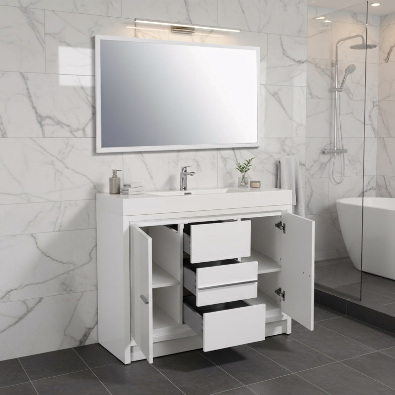 Prarthana 48 po L x 21 po P 2 tiroirs Meuble-lavabo avec évier double et Comptoir en Acrylique, Blanc