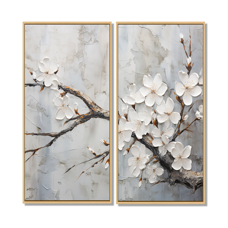Fleur de cerisier blanc et gris minimaliste, 20" H x 24" W, Impression encadrée flottante, Cream
