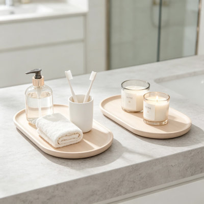 Paquet de 2 plateaux décoratifs en bois, plateau de service en bois de hêtre pour organisateur de comptoir de salle de bain, décor de cuisine de ferme, élévateur en bois pour porte-savon, parfum, bougie, éponge, plateau à bijoux