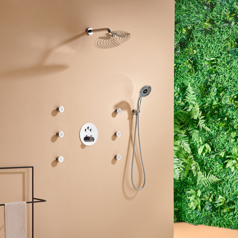 Système de douche thermostatique à pluie avec valve brute et affichage numérique à main, Chrome