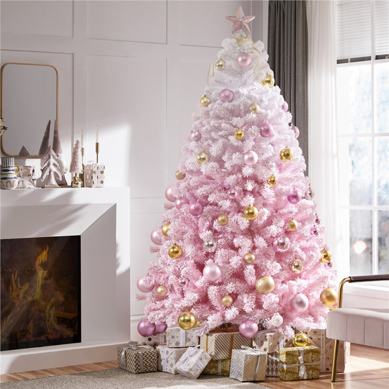 Arbre de Noël artificiel floqué rose avec support pliable, 7.5', Non pré-éclairé