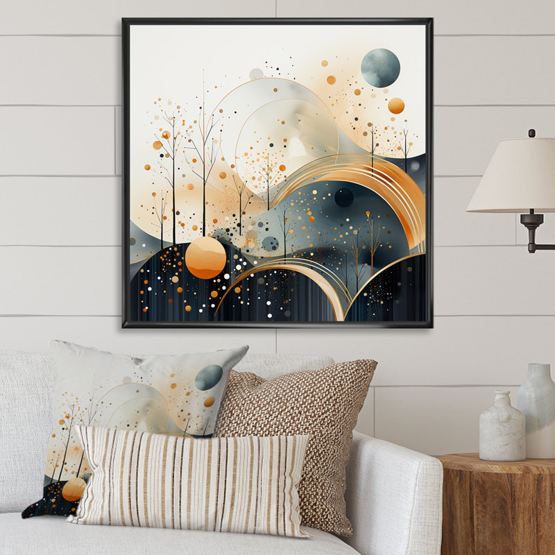 Jaune et noir paysage symphonie II - paysage abstrait, art mural, Cadre flottant noir, H 36 po x l 36 po x P 1,5 po