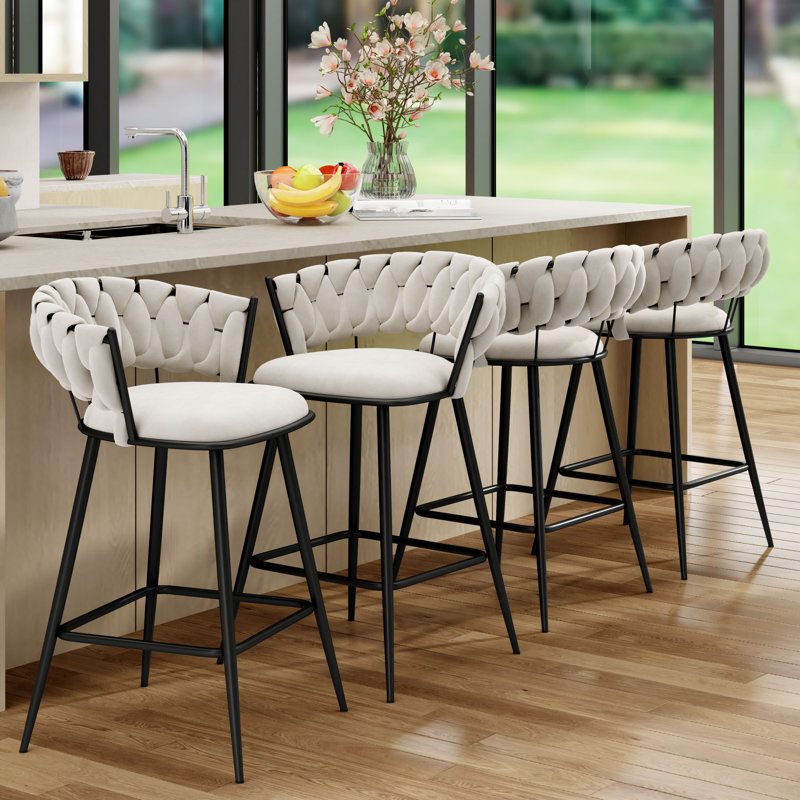 Upholstered Counter & Bar Stool With Curved Weaving Design (Set Of 4), Counter Stool (24” Seat Height), Ivory