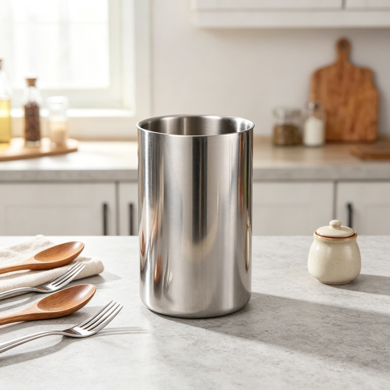 Porte-ustensiles à double paroi pour comptoir, chariot à ustensiles de cuisine en acier inoxydable 304 avec poli à miroir, grand organisateur de rangement pour cuillère à spatule, pot à ustensiles robuste et antirouille pour un usage quotidien