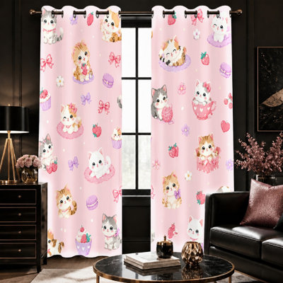 2 pièces de rideaux mignons à motif de fraises, avec imprimé animal Kawaii, anneau décoratif décoratif bloquant le soleil pour le salon de la chambre à coucher
