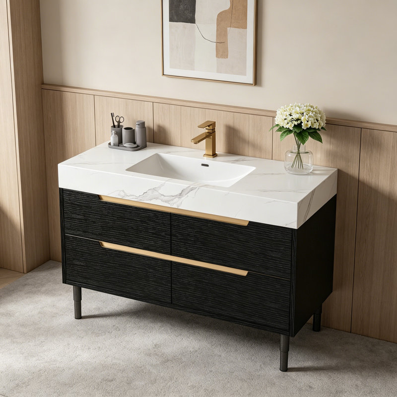 Meuble-lavabo moderne de 35,4 po avec lavabo sous comptoir, plateau en pierre frittée, bois massif multicouche imperméable, rangement à 4 tiroirs, autoportant / mural