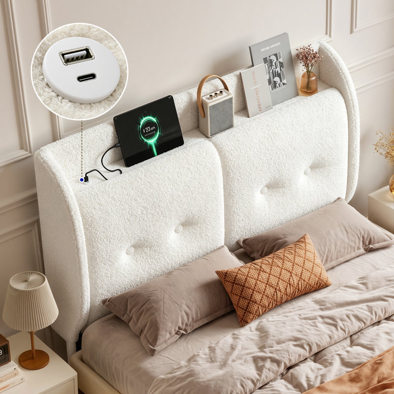 Wingback Upholstered Headboard With Storage Shelf, USB And Ambient Light, Full