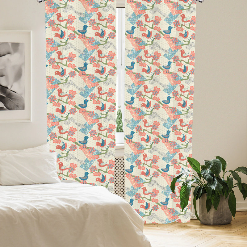 Blue and Salmon Floral Pattern Room Darkening Curtain Panels
