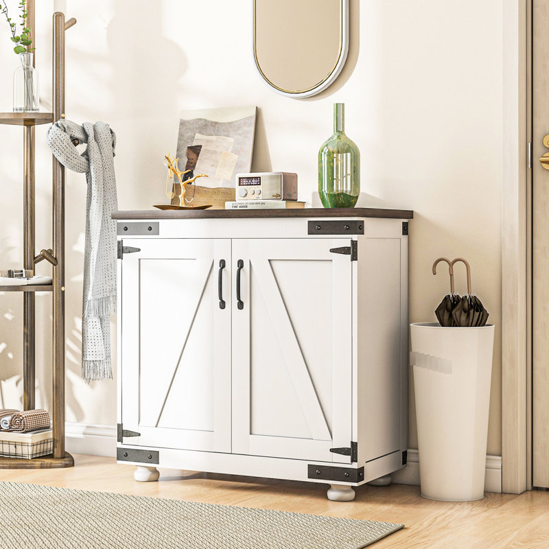Buffet moderne avec porte de grange et tablette réglable, armoire de rangement brun blanc vieilli, l 31,1 po x P 15,4 po H, armoire pour porte de sous-sol