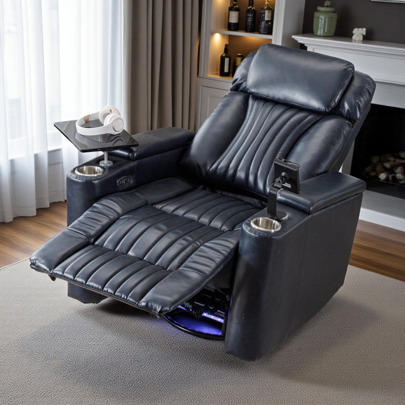 Finnegan 270° Power Swivel Recliner with LED & Hidden Storage, Blue PU Leather