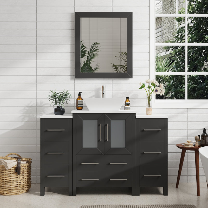 Ravenna 48" Freestanding Single Sink Bathroom Vanity with Engineered Marble Top and Matching Mirror, Espresso